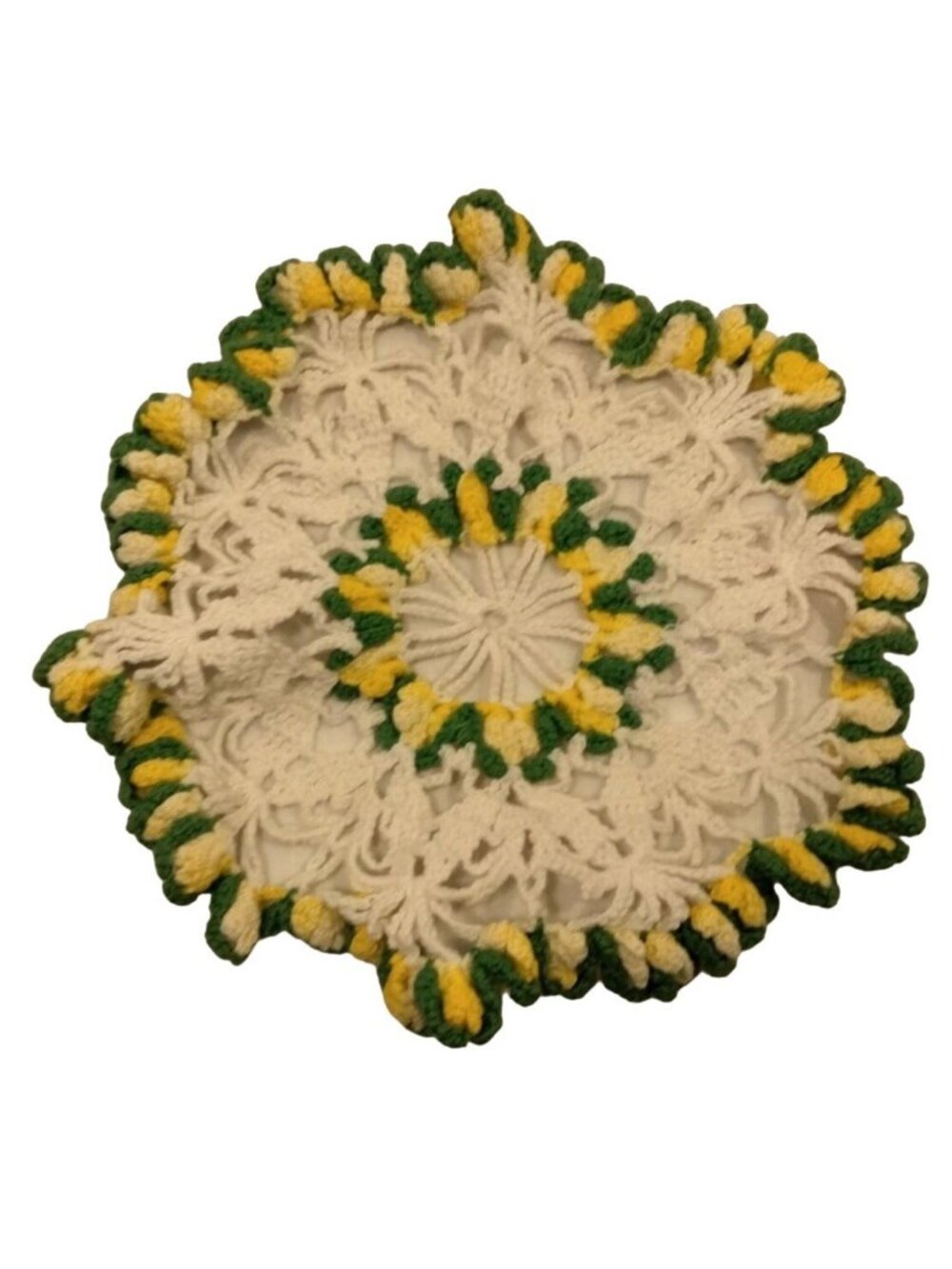 Hand Crocheted Doily Round White Green Yellow Grannycore Vintage 9 inch